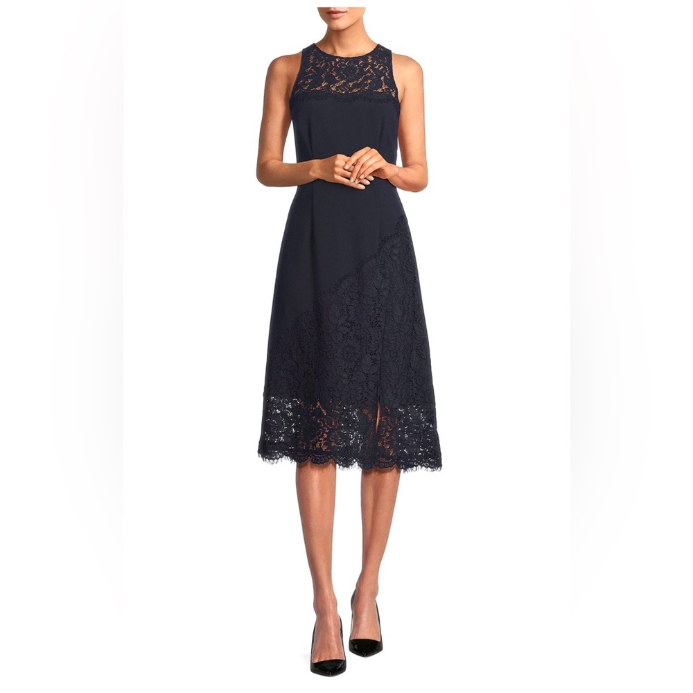 NWT. Aidan Mattox Lace- Trimmed Crepe Midi Dress in Navy